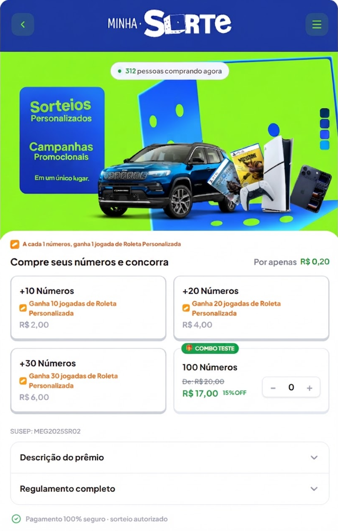 Página do sorteio: prova social, combos de números e regulamento
